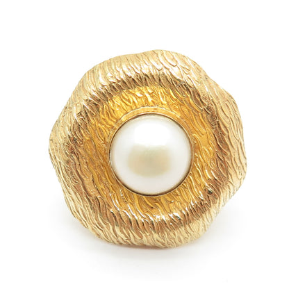 925 Sterling Silver Gold Plated Vintage Real Pearl Modernist Ring Size 6.25