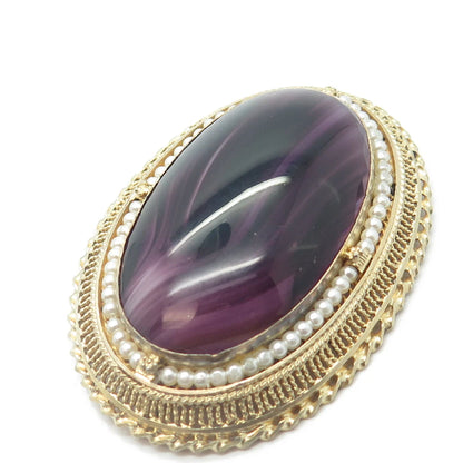 925 Sterling Silver Gold Plated Vintage Real Pearl & Lavender Glass Pin Brooch