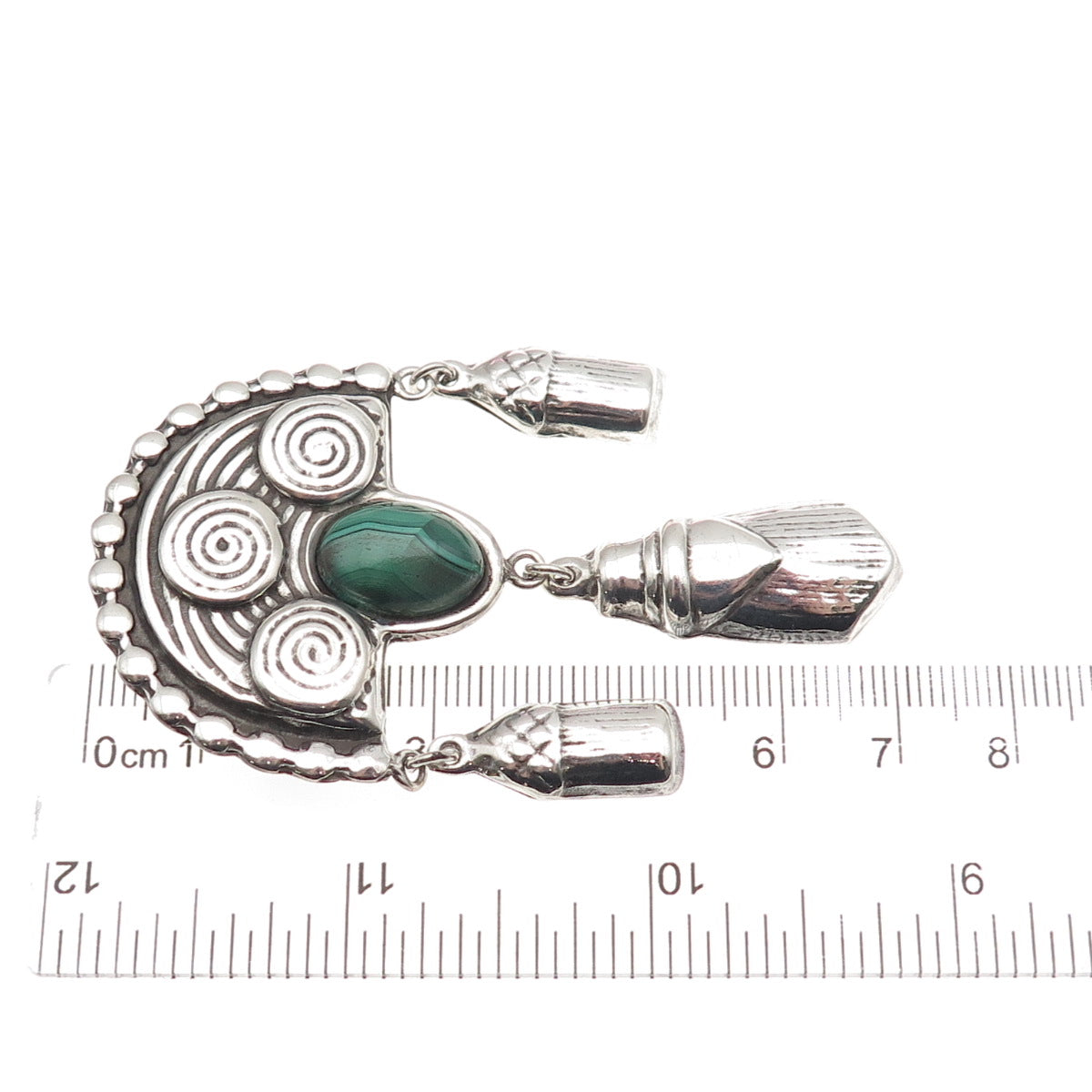 925 Sterling Silver Vintage Real Malachite Aztec Goddess Oxidized Pin Brooch
