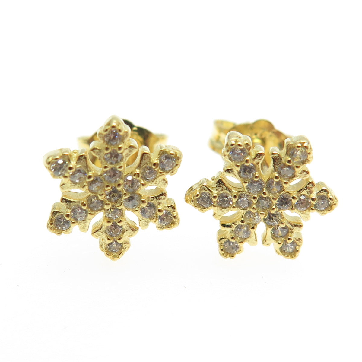 925 Sterling Silver Gold Plated Pave C Z Snowflake Stud Earrings