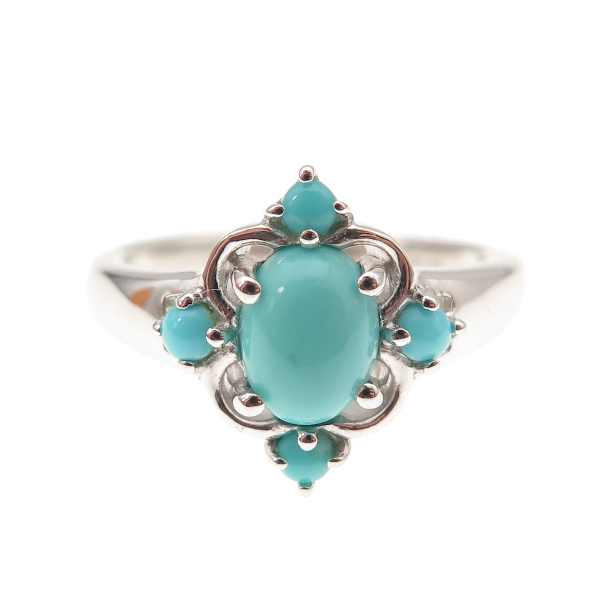 925 Sterling Silver Real Sleeping Beauty Turquoise Floral Ring Size 8