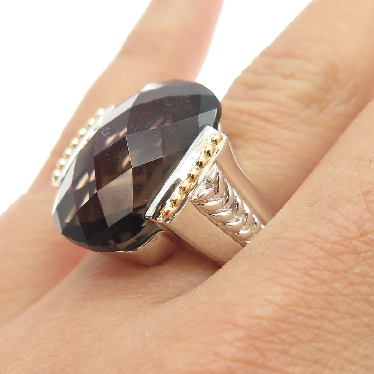 MICHELLE ALBALA 925 Sterling Silver 2-Tone Smoky Quartz Statement Ring Size 6.25