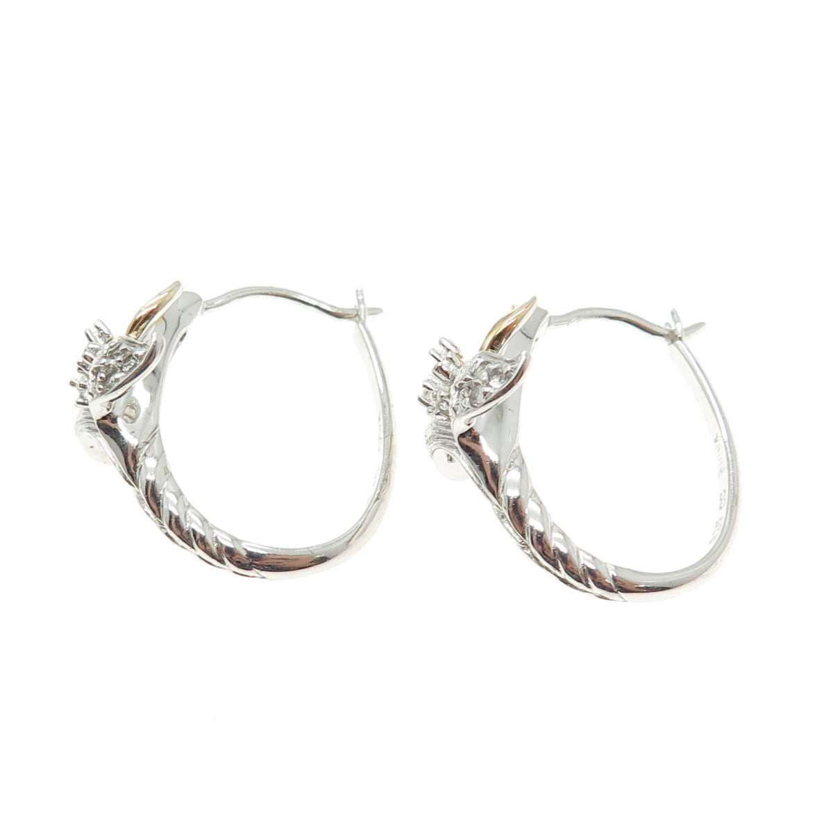 925 Sterling Silver 2-Tone Real Round-Cut Diamond Lily Flower Hoop Earrings