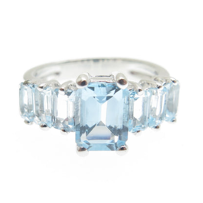 DSMK 925 Sterling Silver Real Emerald-Cut Blue Topaz Gem Ring Size 7.25