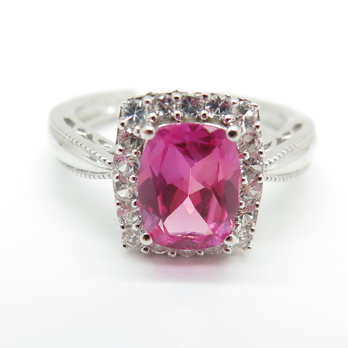 SUN 925 Sterling Silver Lab-Created Pink Sapphire & Topaz Promise Ring Size 8