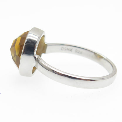DSMK 925 Sterling Silver Checkered Citrine Gemstone Minimalist Ring Size 7.25