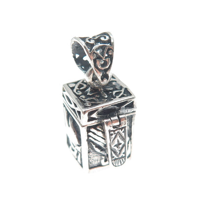 925 Sterling Silver Vintage Praying Hands Religious Box Oxidized Charm Pendant