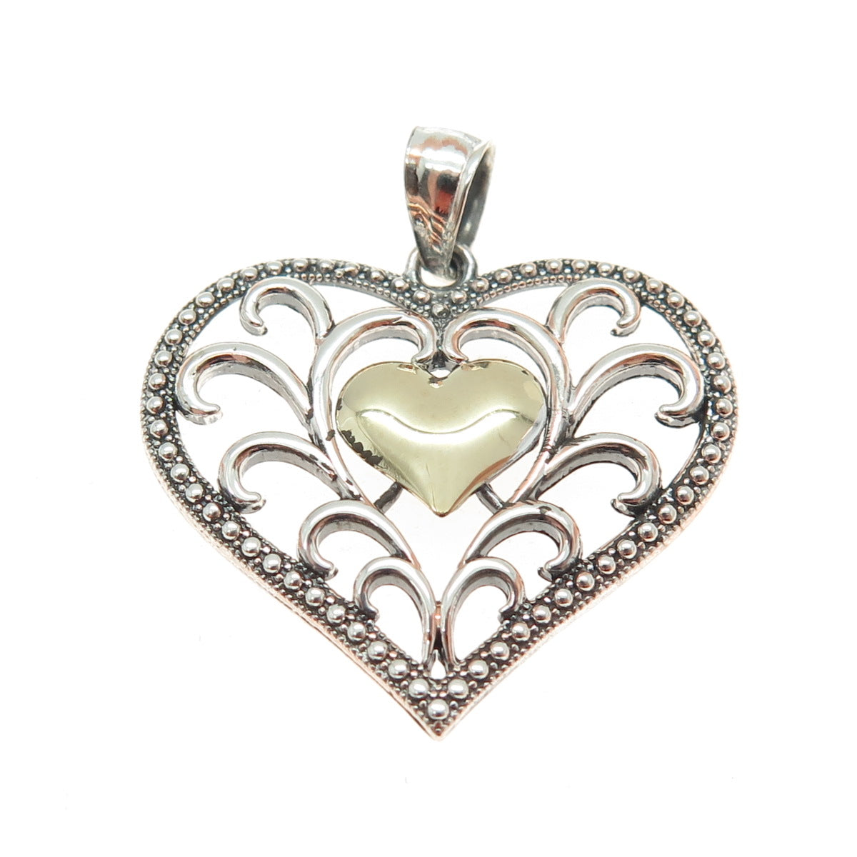 10K Yellow Gold & 925 Sterling Silver Ornate Heart Pendant