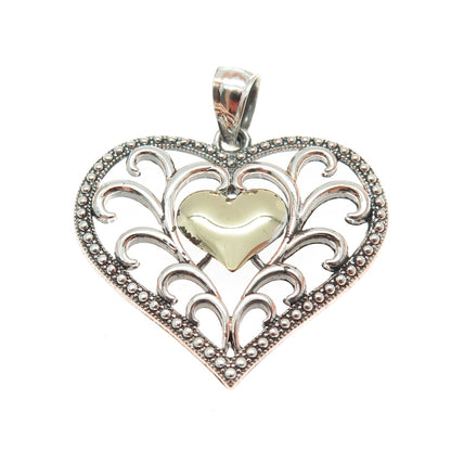 10K Yellow Gold & 925 Sterling Silver Ornate Heart Pendant