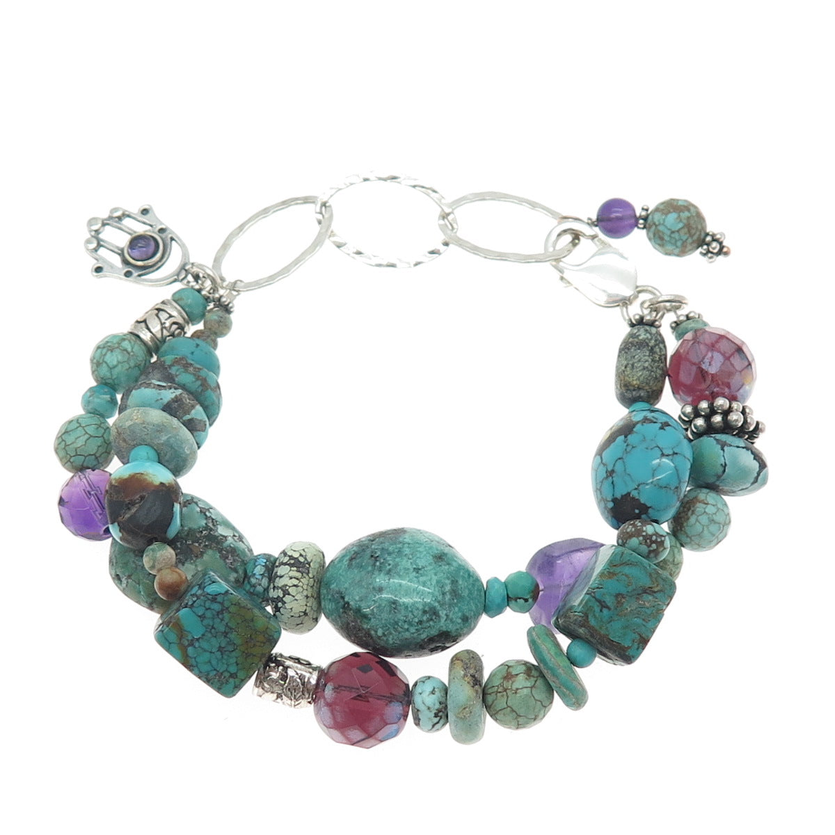 925 Sterling Vintage Turquoise Amethyst & Crystal Beaded Hamsa Bracelet 7-8.25"