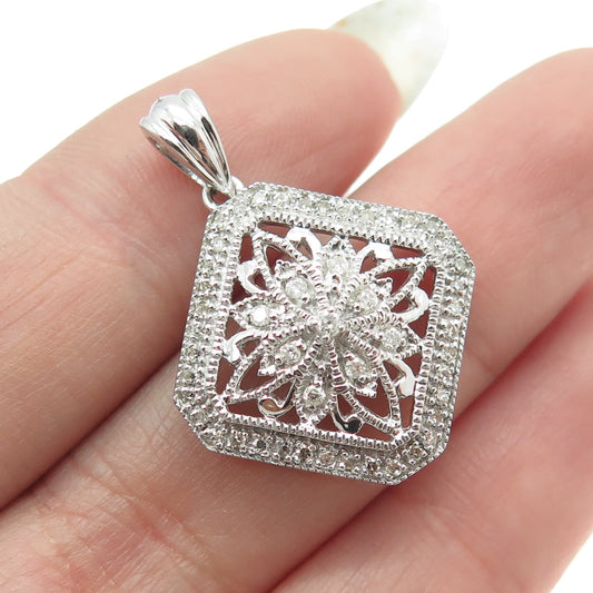 925 Sterling Silver Real Round-Cut Diamond Flower Pendant