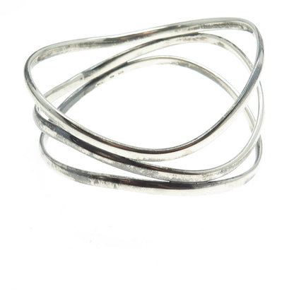 925 Sterling Silver Vintage Modernist Wavy Multi-Row Bangle Bracelet 7.75"