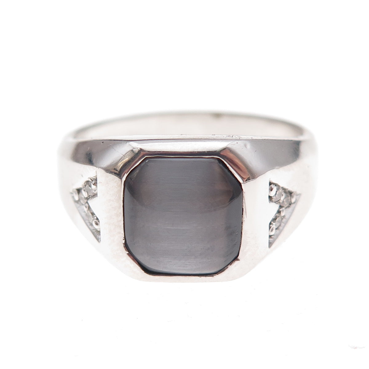 Dason 925 Sterling Silver Real Round-Cut Diamond & Cat's Eye Ring Size 11