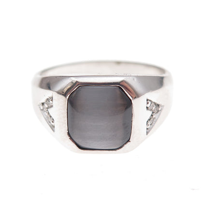 Dason 925 Sterling Silver Real Round-Cut Diamond & Cat's Eye Ring Size 11