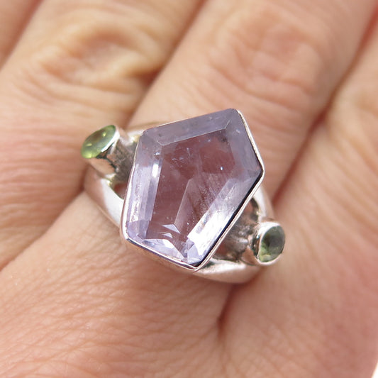 925 Sterling Silver Vintage Real Amethyst & Peridot Modernist Ring Size 9.25
