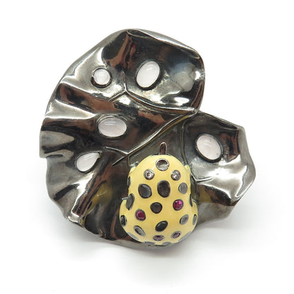925 Sterling Vintage Black Rhodium Enamel Diamond Ruby Amethyst Frog Ring Size 7