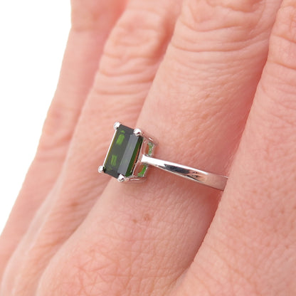 925 Sterling Silver Real Emerald-Cut Chrome Diopside Ring Size 8