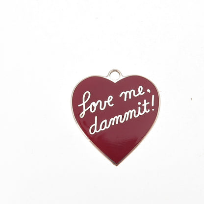 925 Sterling Silver Vintage Red Enamel Love Me, Dammit! Heart Charm Pendant
