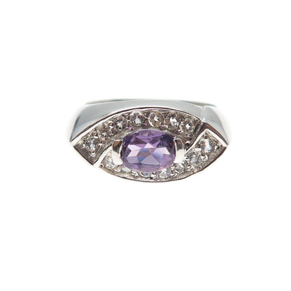 925 Sterling Silver Real Amethyst & White Topaz Evil's Eye Ring Size 7.25