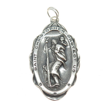 THEDA 925 Sterling Silver Antique Art Deco St. Christopher Religious Pendant