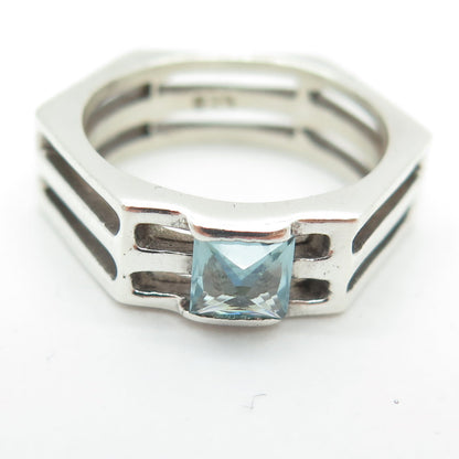 925 Sterling Silver Vintage Real Aquamarine Gemstone Modernist Ring Size 7