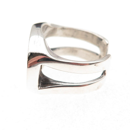 925 Sterling Silver Vintage Real Jade Inlay Modernist Adjustable Ring Size 8.5
