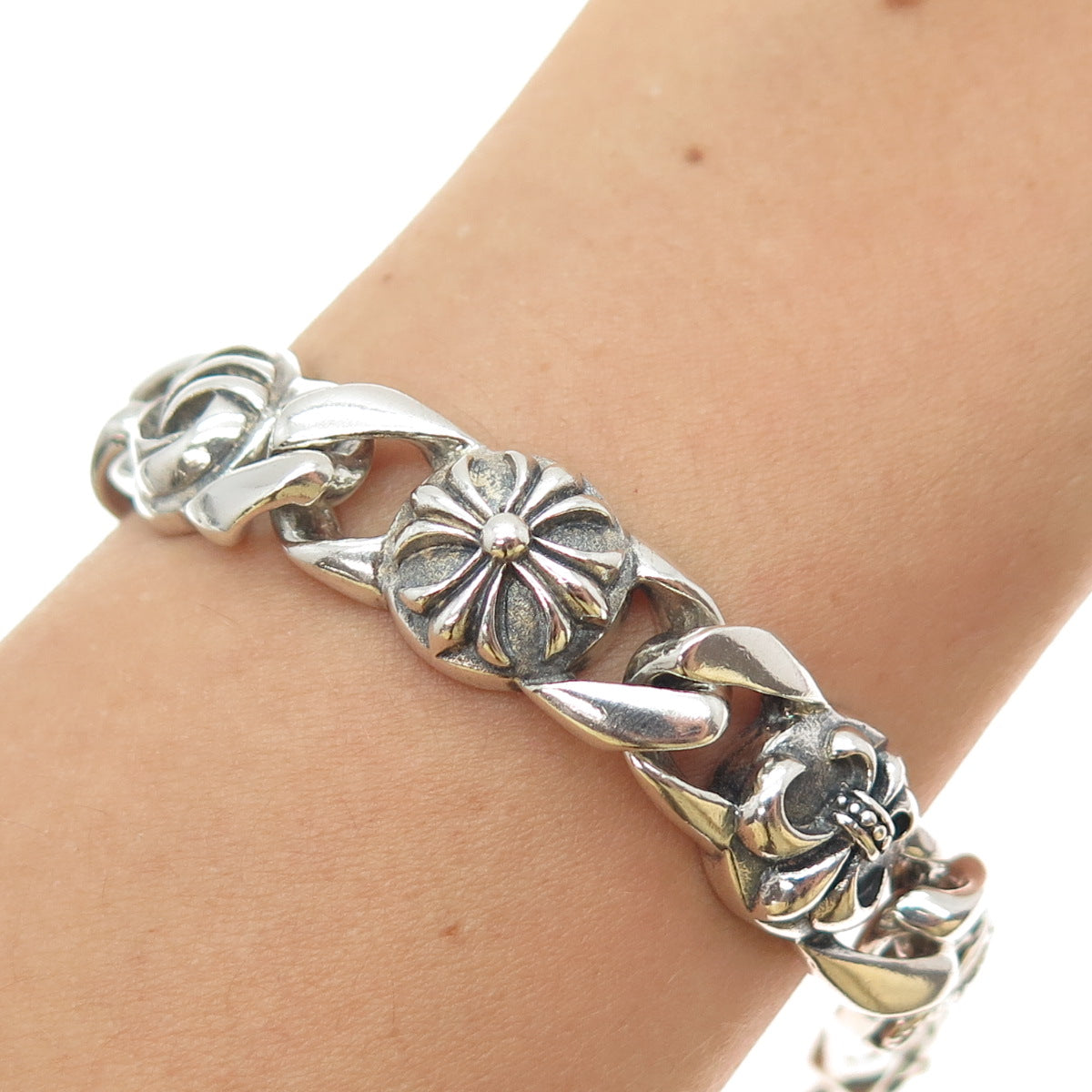 925 Sterling Silver Vintage Fleur de Lis Cross Oxidized Anchor Link Bracelet 8"