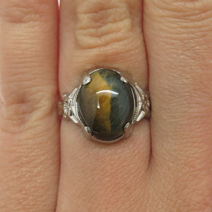 UNCAS 925 Sterling Silver Antique Art Deco Real Tiger Eye Gemstone Ring Size 5.5