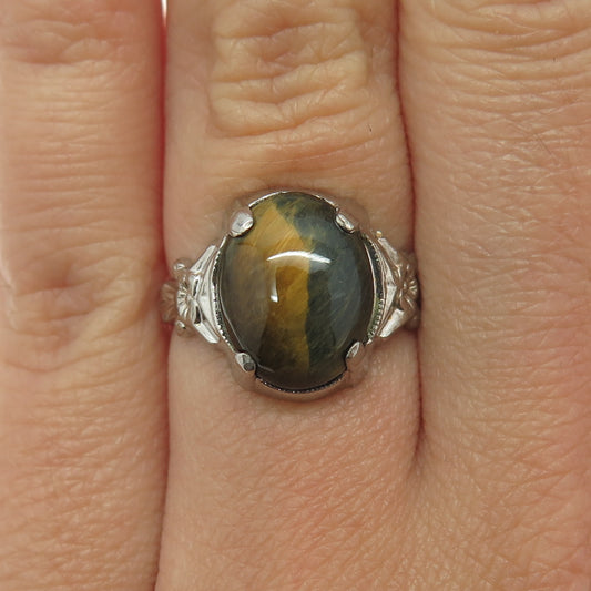 UNCAS 925 Sterling Silver Antique Art Deco Real Tiger Eye Gemstone Ring Size 5.5