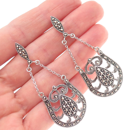 KEN CRAFTS 925 Sterling Silver Vintage Real Marcasite Flower Dangle Earrings