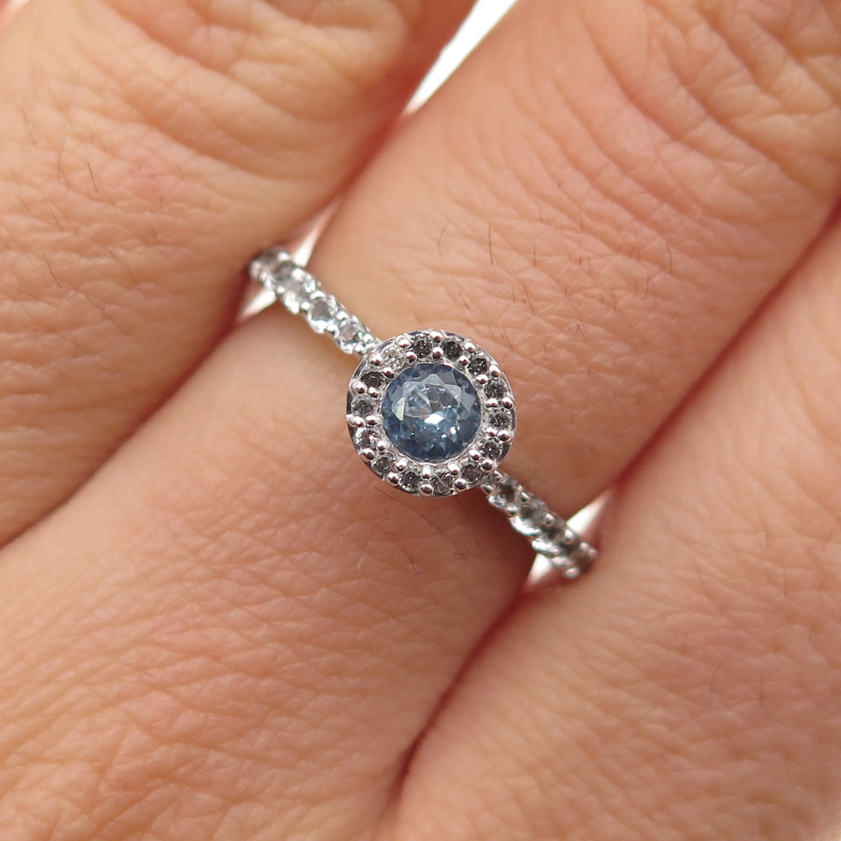 925 Sterling Silver Real Round-Cut Aquamarine & White Topaz Ring Size 6.25