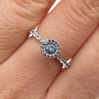 925 Sterling Silver Real Round-Cut Aquamarine & White Topaz Ring Size 6.25