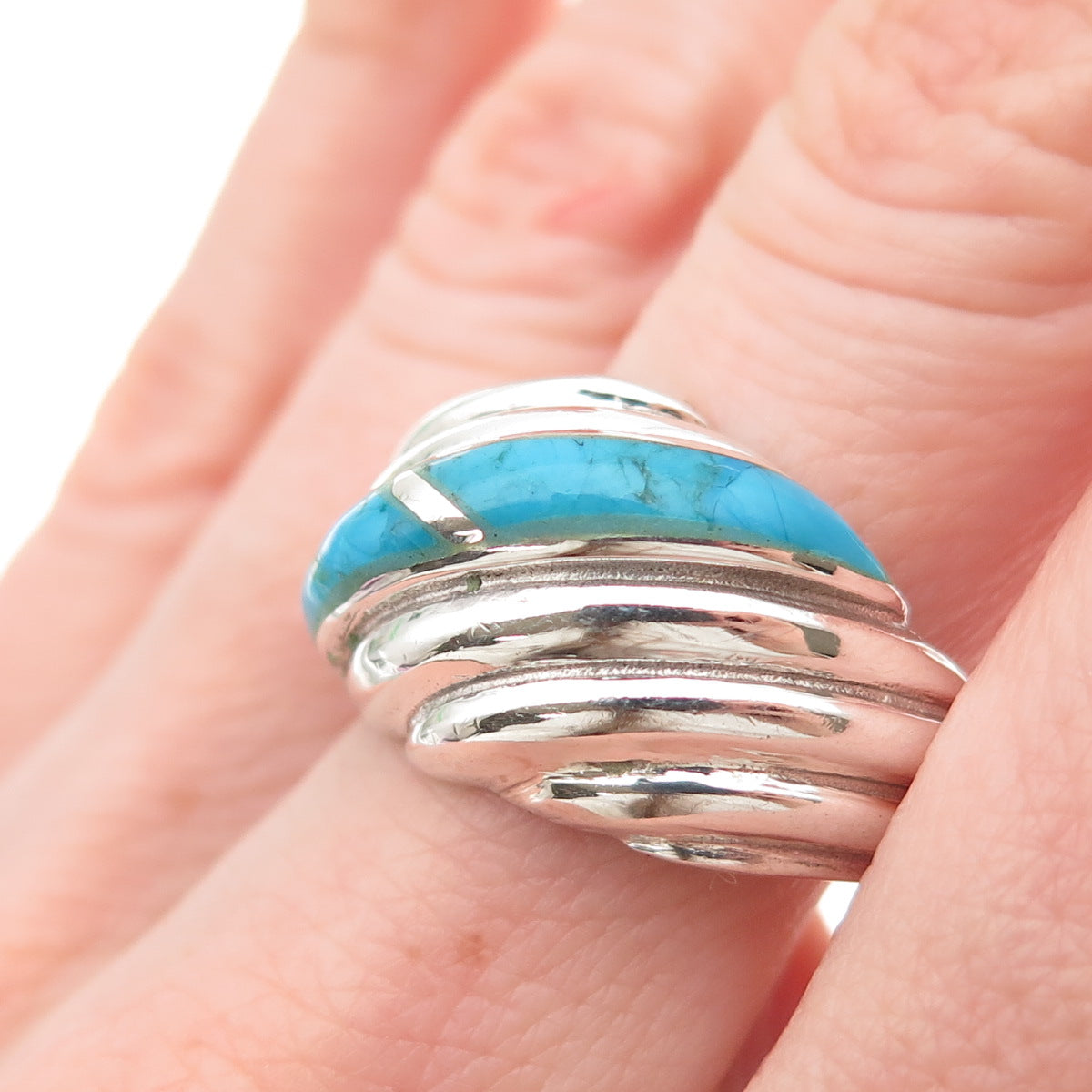 925 Sterling Silver Vintage Real Turquoise Modernist Ribbed Ring Size 10.75