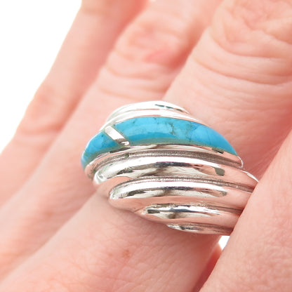 925 Sterling Silver Vintage Real Turquoise Modernist Ribbed Ring Size 10.75