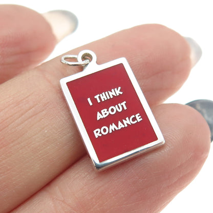 925 Sterling Silver Red Enamel "I Think About Romance" Minimalist Charm Pendant