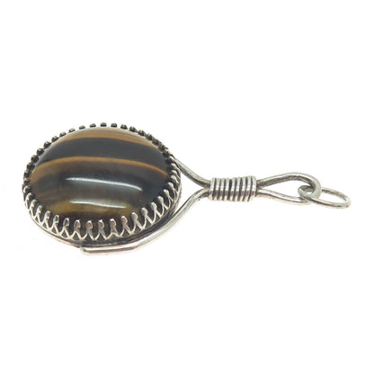 925 Sterling Silver Vintage Real Cabochon Tiger Eye Modernist Pendant