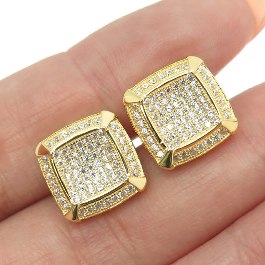 925 Sterling Silver Gold Plated Round-Cut C Z Cushion Earrings