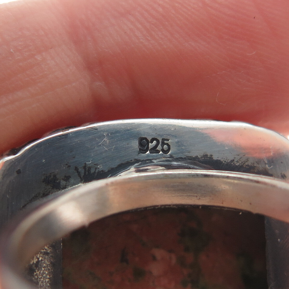 925 Sterling Silver Vintage Real Unakite Twisted Bezel Oxidized Ring Size 8