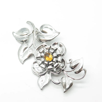 925 Sterling Silver Antique Art Deco Yellow Rhinestone Floral Pin Brooch