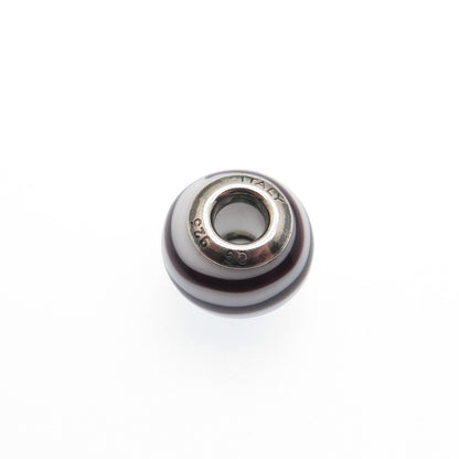 925 Sterling Silver QG Italy Chocolate & White Murano Glass Bead Charm