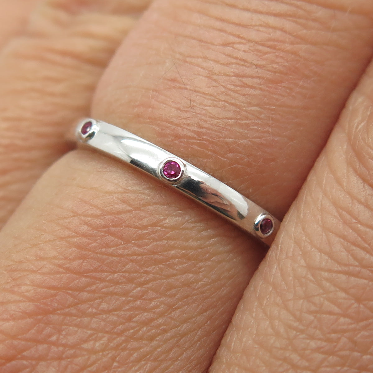 925 Sterling Silver Round Lab-Created Pink Sapphire Stackable Band Ring Size 7