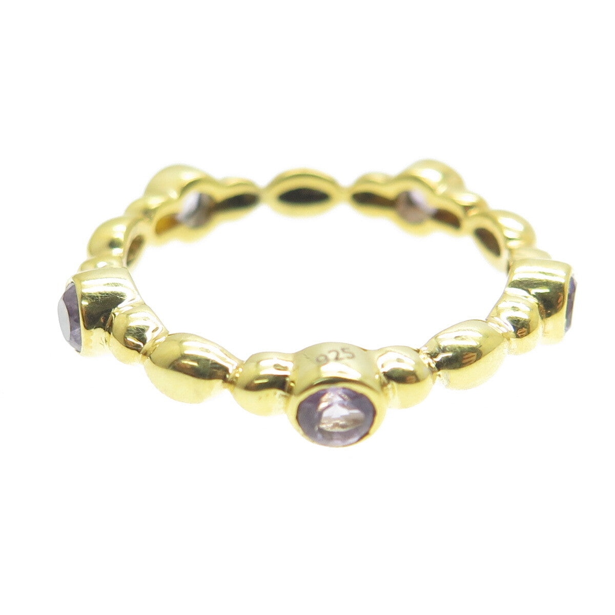 925 Sterling Silver Gold Plated Real Amethyst Beaded Band Ring Size 6.75