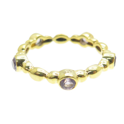 925 Sterling Silver Gold Plated Real Amethyst Beaded Band Ring Size 6.75