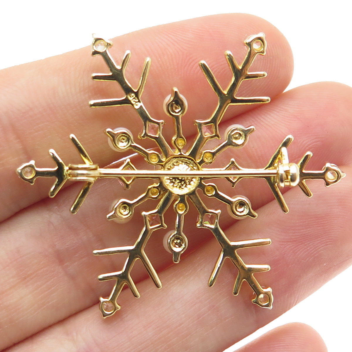 925 Sterling Silver Gold Plated Real Pearl & Pink C Z Snowflake Pin Brooch