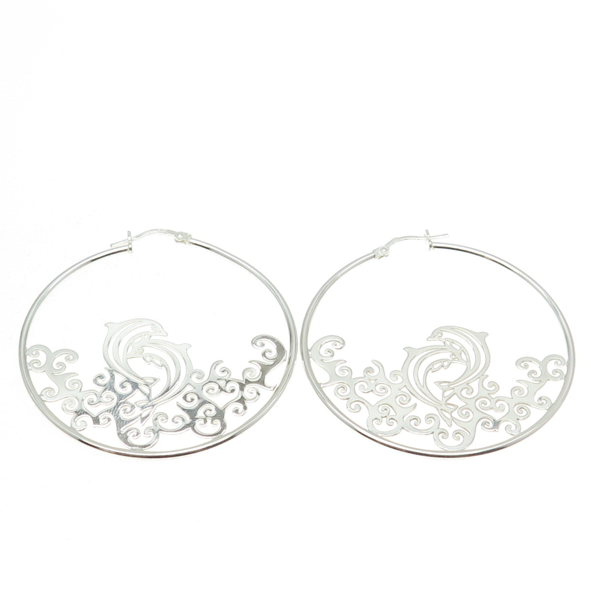 925 Sterling Silver Dolphin In The Ocean Hoop Earrings