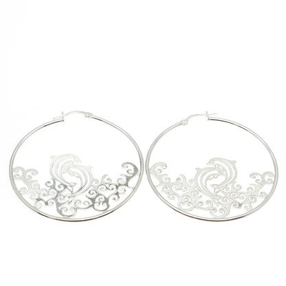 925 Sterling Silver Dolphin In The Ocean Hoop Earrings