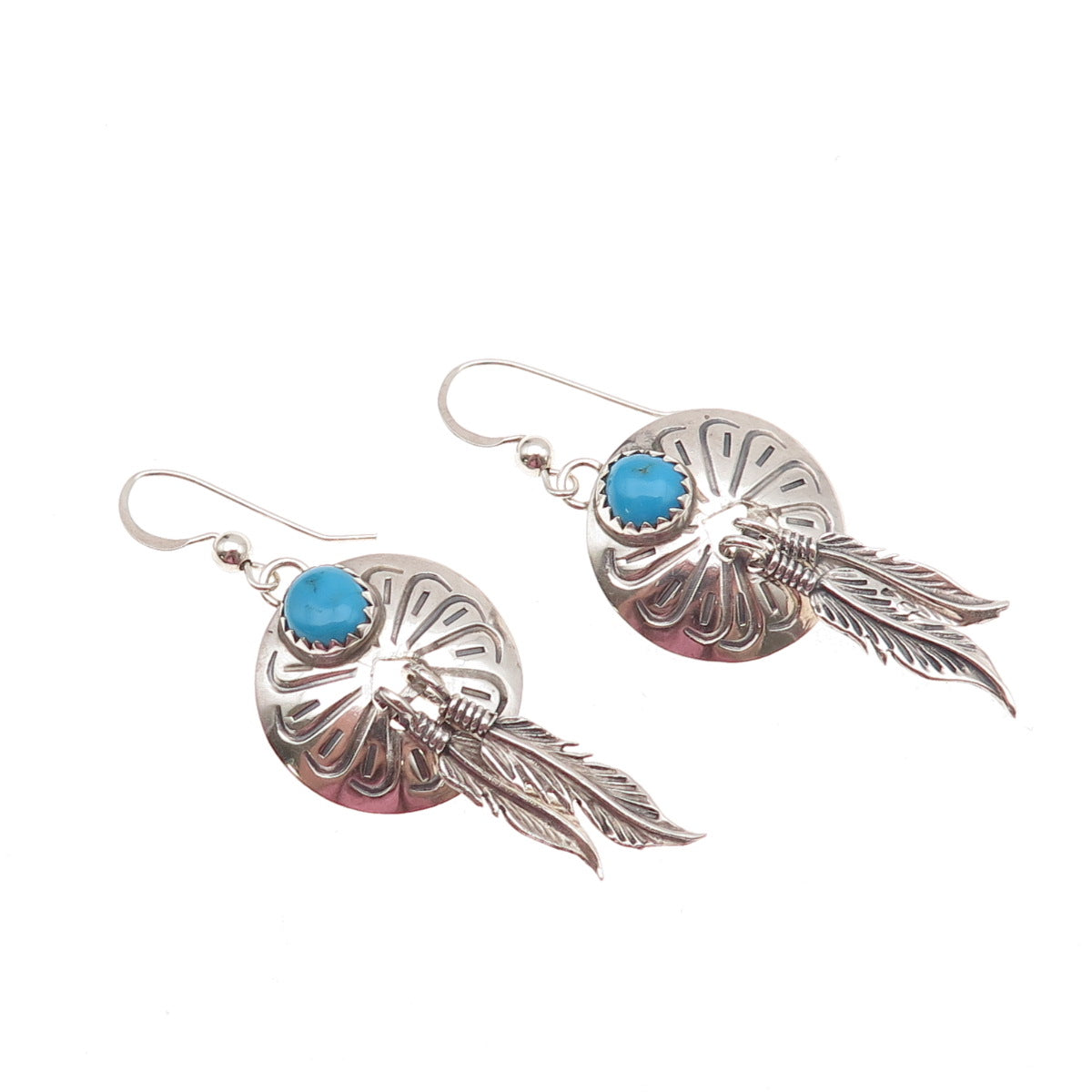 Old Pawn Sterling Silver Vintage Southwestern Turquoise Feather Dangle Earrings