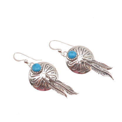 Old Pawn Sterling Silver Vintage Southwestern Turquoise Feather Dangle Earrings