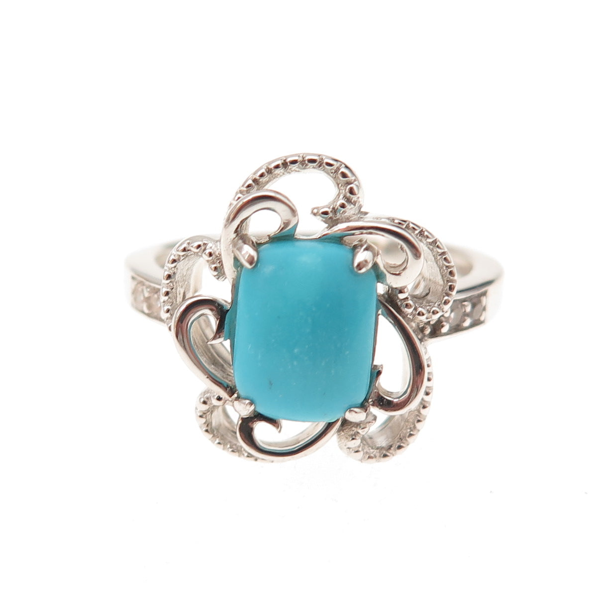 925 Sterling Silver Real Sleeping Beauty Turquoise & Topaz Floral Ring Size 8