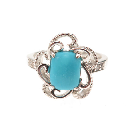 925 Sterling Silver Real Sleeping Beauty Turquoise & Topaz Floral Ring Size 8